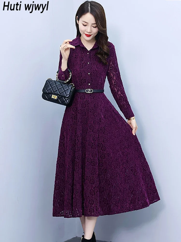 

Осенне-зимнее фиолетовое кружевное ажурное шикарное длинное платье женское элегантное облегающее платье-рубашка 2023 корейское винтажное роскошное вечернее платье
