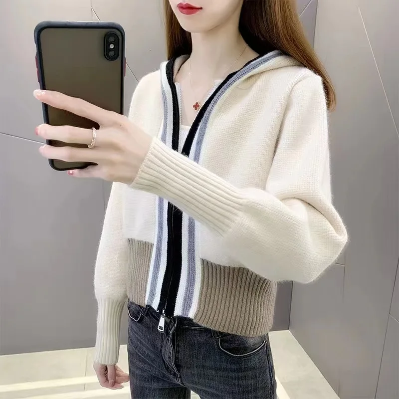 Double Zipper Sweater Coat Women's Autumn/Winter New Korean Contrast Hooded Cardigan Short Loose Fit 
Double Zipper Sweater Coat Women's Autumn/Winter New Korean Contrast Hooded Cardigan Short Loose Fit