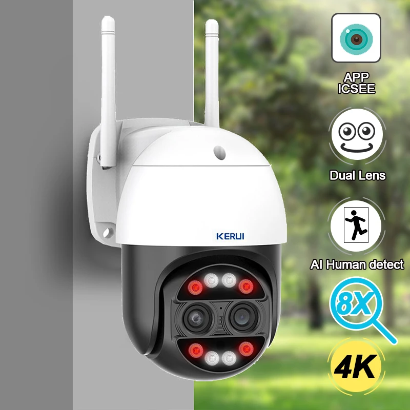 

KERUI 4MP 8MP 4K WiFi Camera PTZ IP Camera Dual Lens 8X Zoom Auto Tracking CCTV Outdoor Camera AI Humanoid Detection P2P iCsee