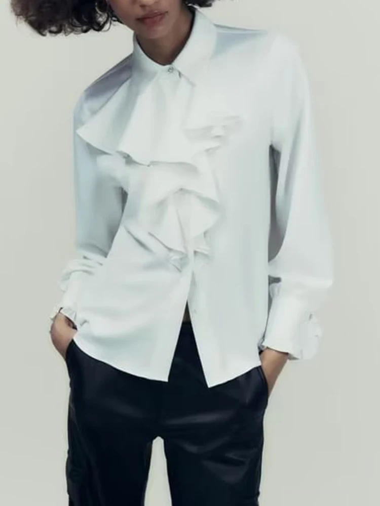 Women Ruffles Blouses Shirt Causal Turn Down Collar Long SleeveTops Spring Fashion Single Breasted Office Lady White T-Shirts
Women Ruffles Blouses Shirt Causal Turn Down Collar Long SleeveTops Spring Fashion Single Breasted Office Lady White T-Shirts
