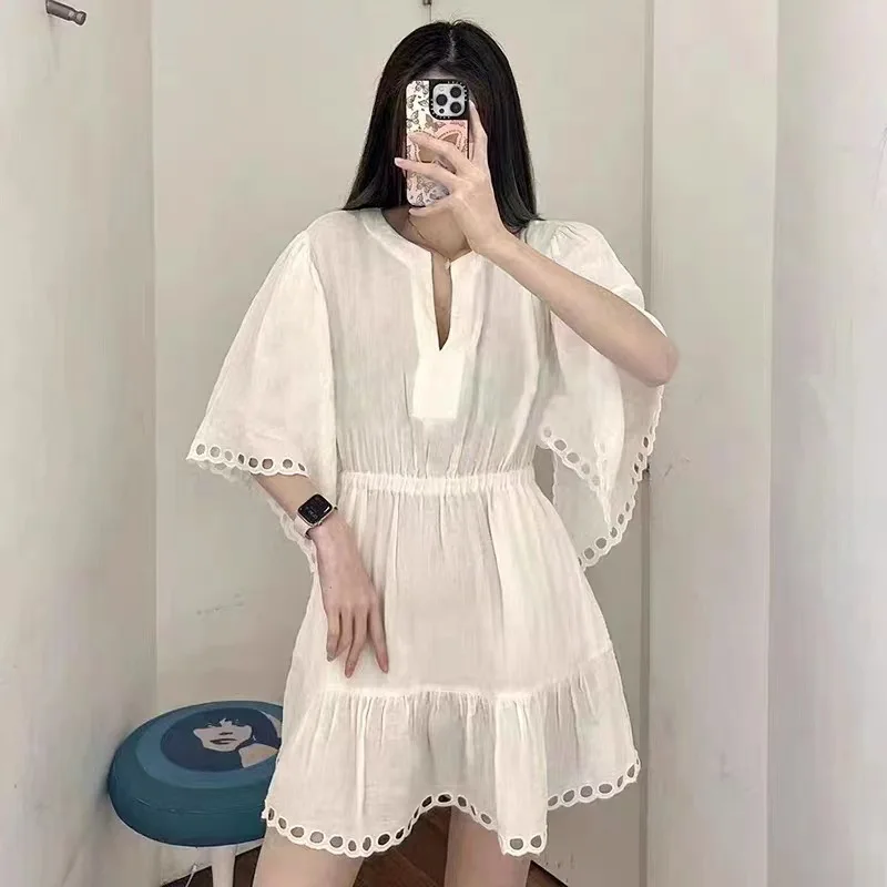 Women Mini Robe Hollow Out Half Sleeve Waist Sweet Dress 
Women Mini Robe Hollow Out Half Sleeve Waist Sweet Dress