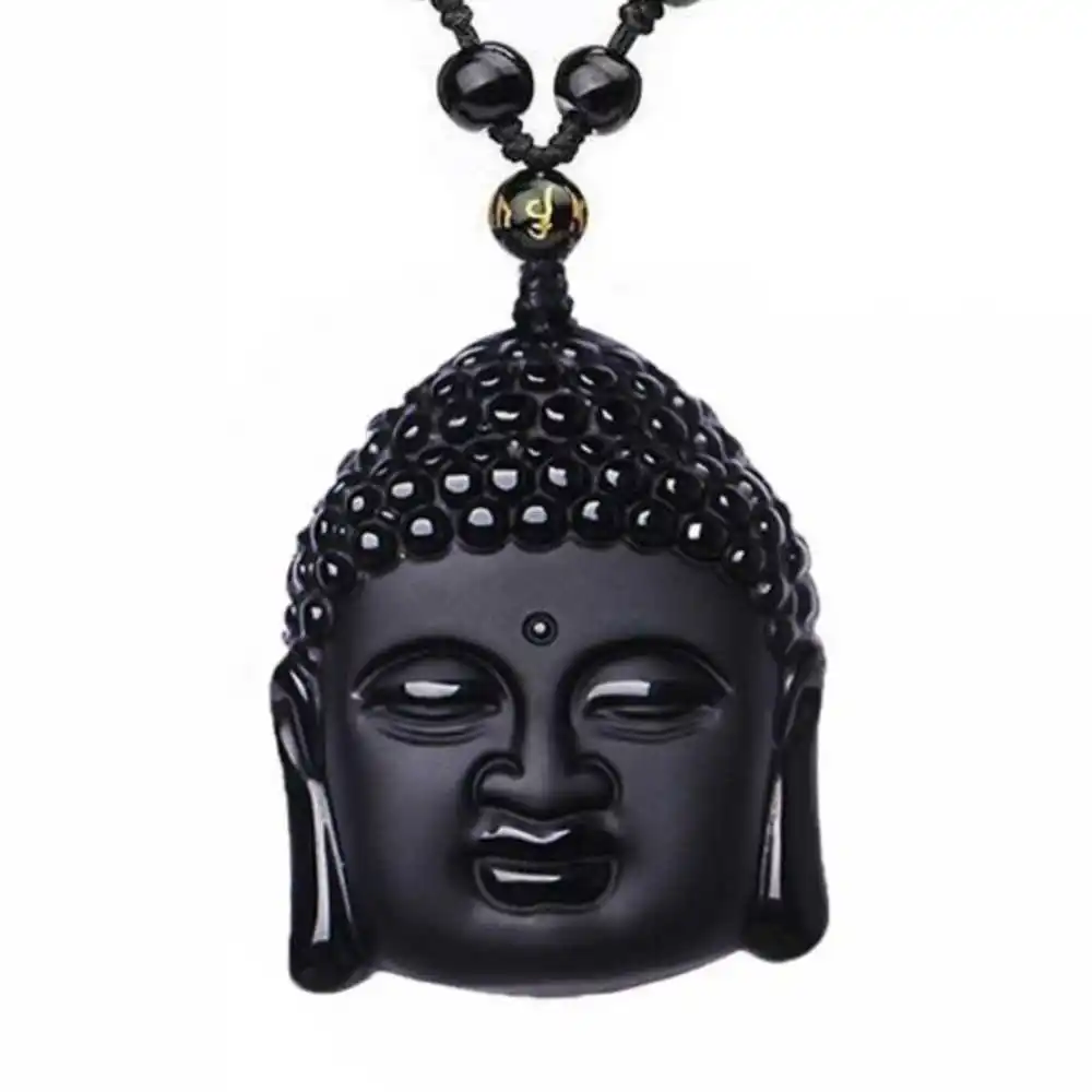

Natural Obsidian Carved Buddha's head Lucky Amulet Pendant Beads Zodiac Gift Chakra Choker Charm Reiki Pendants Necklace Silver