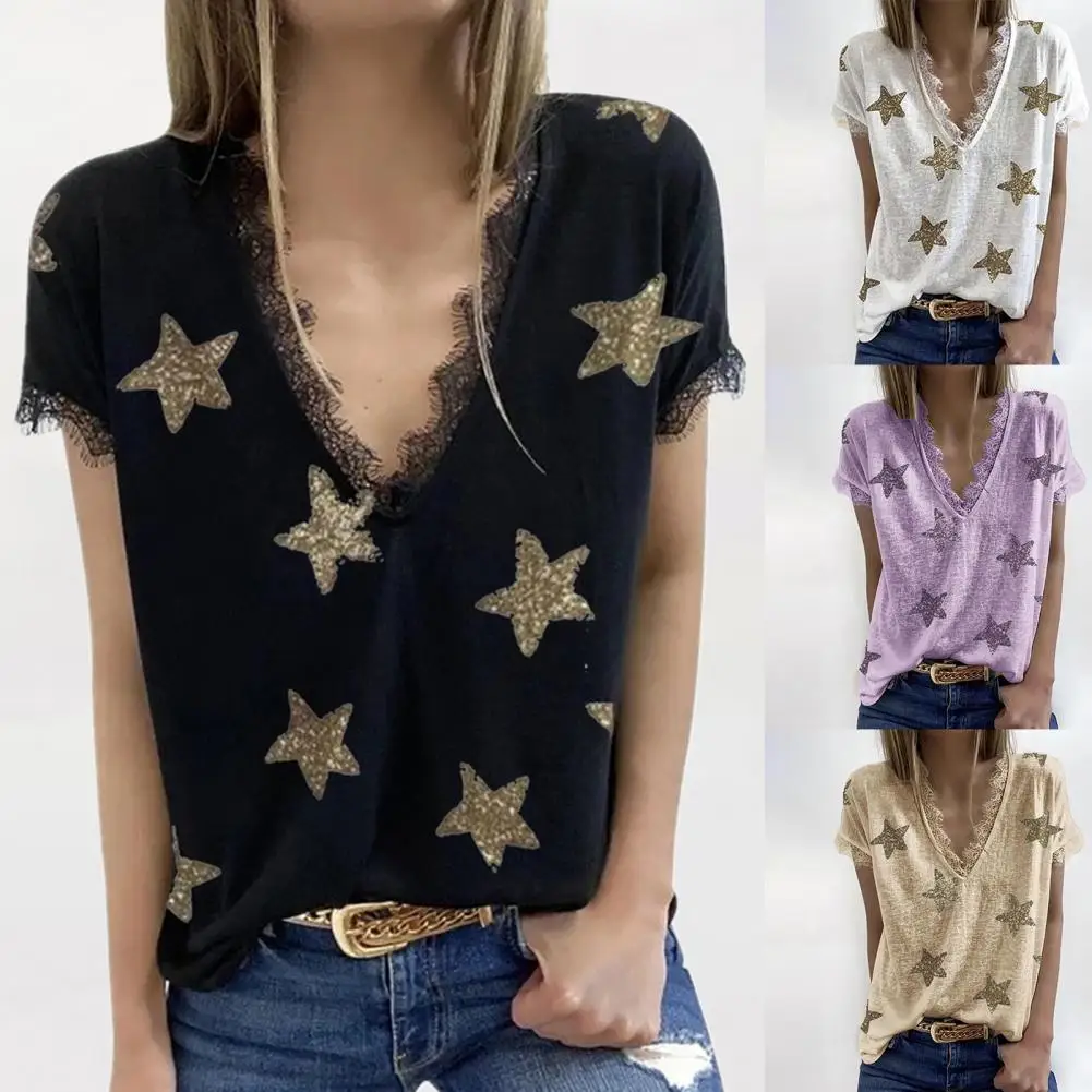 Five-pointed Star Lace Women T-shirt Summer Elegant Short Sleeve Blouse V Neck Loose-fitting Lady Blouse Streetwear For Travel
Five-pointed Star Lace Women T-shirt Summer Elegant Short Sleeve Blouse V Neck Loose-fitting Lady Blouse Streetwear For Travel