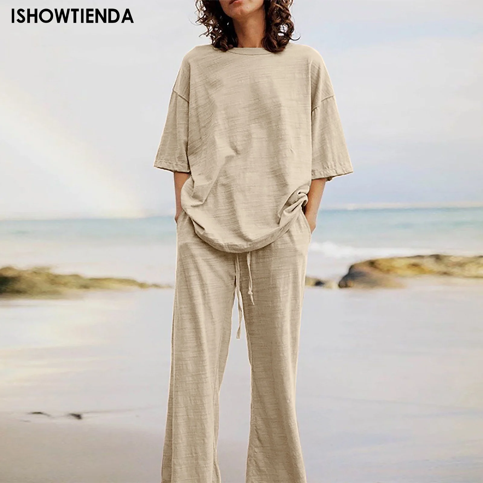 Summer Cotton Linen 2 Piece Outfits For Women Loose Casual Short Sleeve T Shirts Top And Long Lcae-up Pants Solid Tracksuit
Summer Cotton Linen 2 Piece Outfits For Women Loose Casual Short Sleeve T Shirts Top And Long Lcae-up Pants Solid Tracksuit