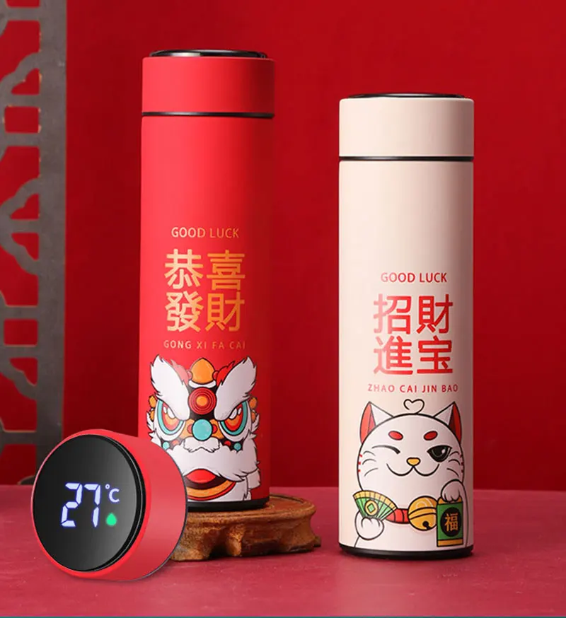 

500ML Chinese Style Thermo Bottle Cup Folk Custom Smart Temperature Display Potable Heat Hold Vacuum Flask Thermos Mug Cups