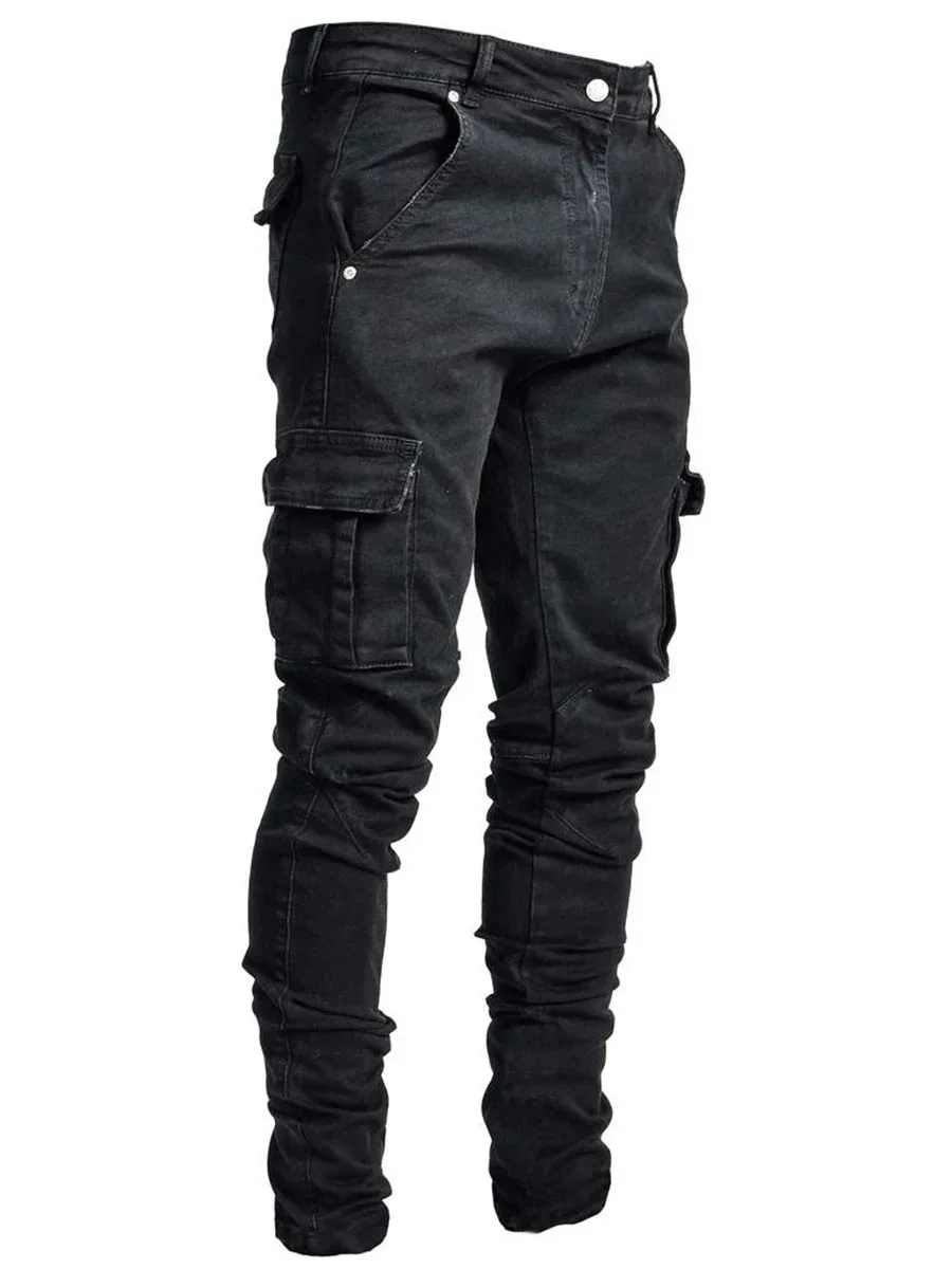

Брюки-Карандаш мужские джинсовые, штаны из денима со множеством карманов, повседневные Модные хлопковые брюки-карго с боковыми карманами