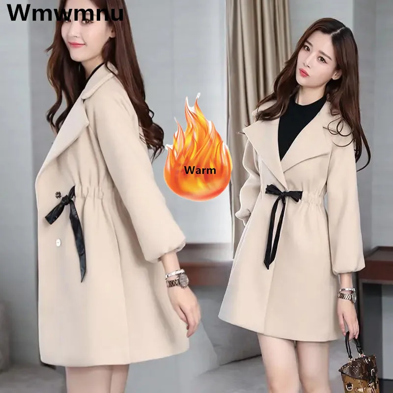

Женское приталенное шерстяное пальто, элегантная утепленная куртка средней длины в Корейском стиле, Офисная куртка с регулируемой талией на осень и зиму