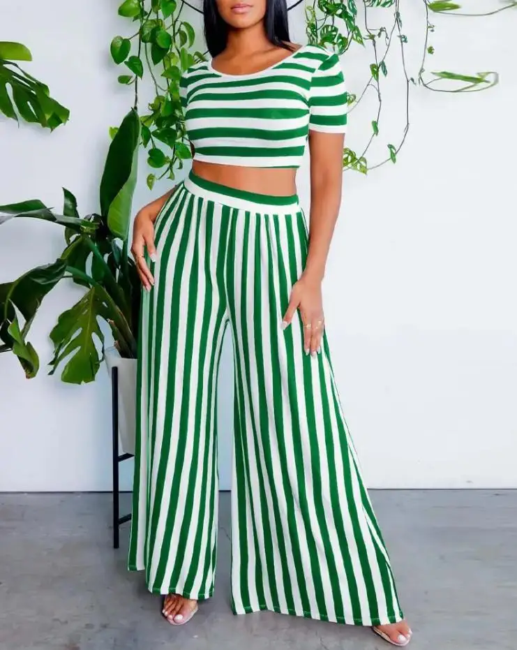 Fashion Striped Print Crop Top & Wide Leg Pants Set Women's Clothing Sexy V Neck Crop Top with Wide Leg Pants Suit Casual Stree
Fashion Striped Print Crop Top & Wide Leg Pants Set Women's Clothing Sexy V Neck Crop Top with Wide Leg Pants Suit Casual Stree