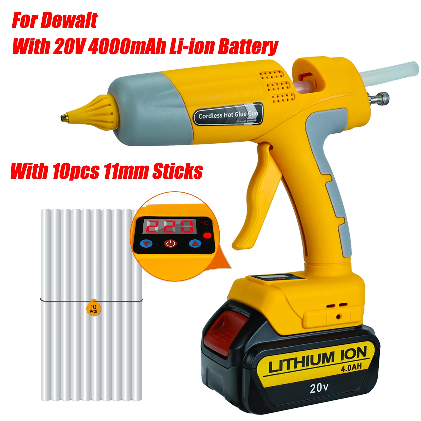 100W Cordless Hot Melt Glue Gun with 20V 4000mAh Battery and 10 Glue Sticks Repair DIY Tool Set for Dewalt Li-ion Battery
100W Cordless Hot Melt Glue Gun with 20V 4000mAh Battery and 10 Glue Sticks Repair DIY Tool Set for Dewalt Li-ion Battery