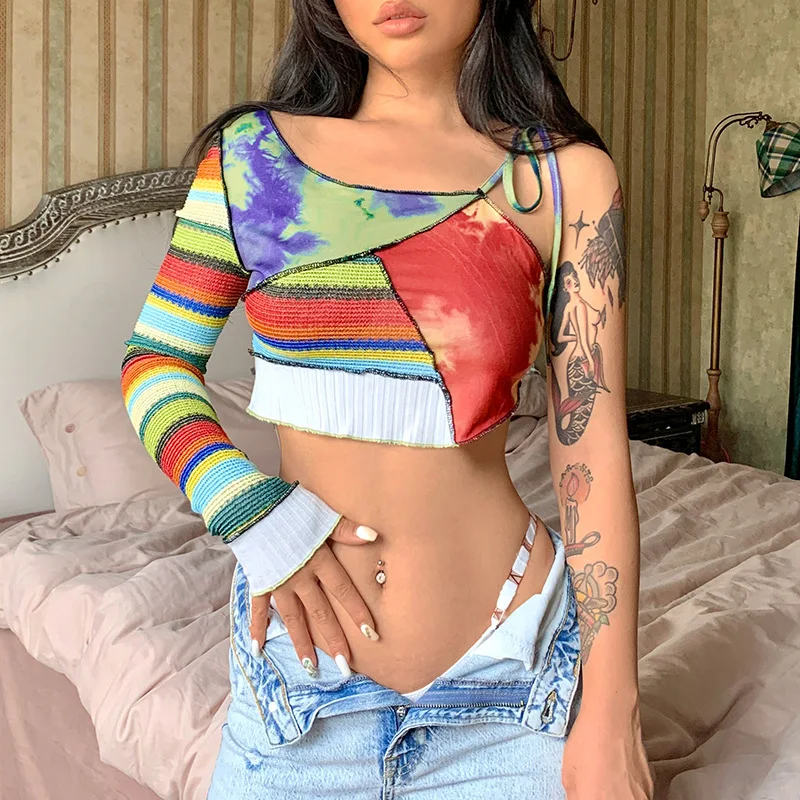 Casual Long Sleeve T Shirt Women Streetwear Multicolor Irregular Splicing Tops One Shoulder Cropped Tops Mujer Woman T-shirts
Casual Long Sleeve T Shirt Women Streetwear Multicolor Irregular Splicing Tops One Shoulder Cropped Tops Mujer Woman T-shirts