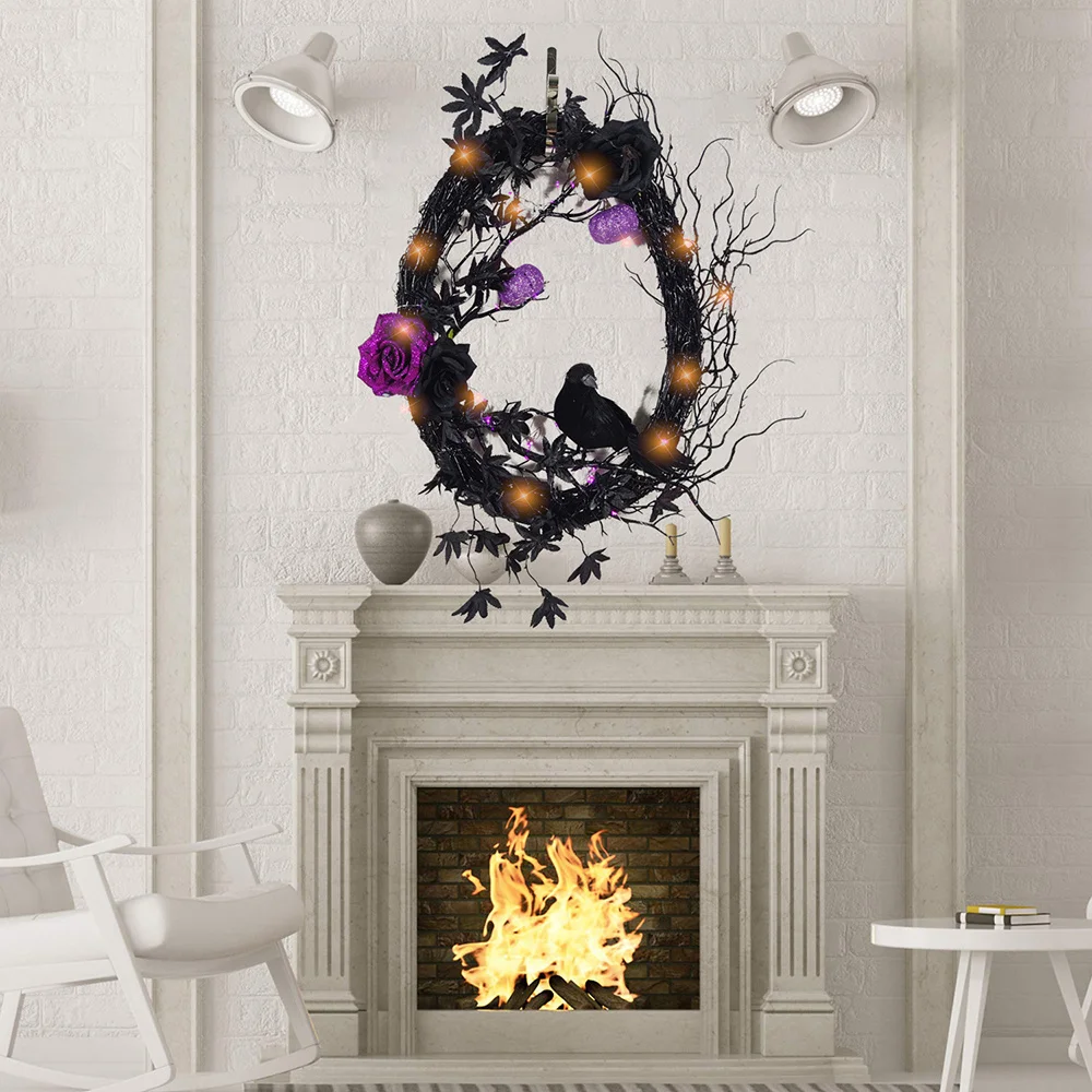 Halloween Wreath Simulation Rose Black Crow Wreath with Light Hanging Decoration SP99
Halloween Wreath Simulation Rose Black Crow Wreath with Light Hanging Decoration SP99