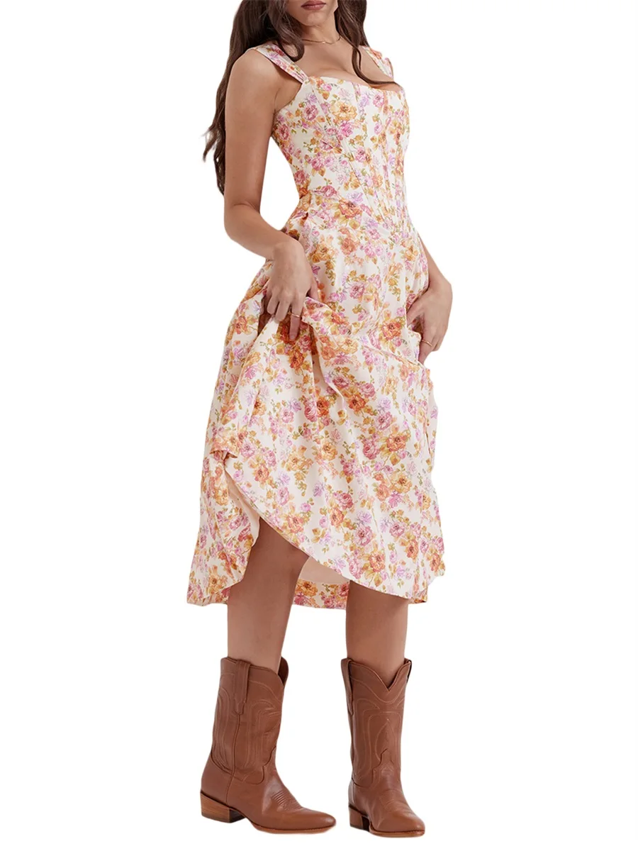 

Springcmy Women s Summer Midi Dress Casual Sleeveless Low Cut Floral Print Dress Flowy A-Line Going Out Sundress