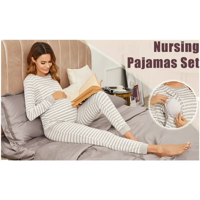 Breastfeeding Maternity Nighgown Sets Nursing Thermal Underwear Set Striped Knit Long Johns Pajamas Set for Pregnant Women D0108
Breastfeeding Maternity Nighgown Sets Nursing Thermal Underwear Set Striped Knit Long Johns Pajamas Set for Pregnant Women D0108