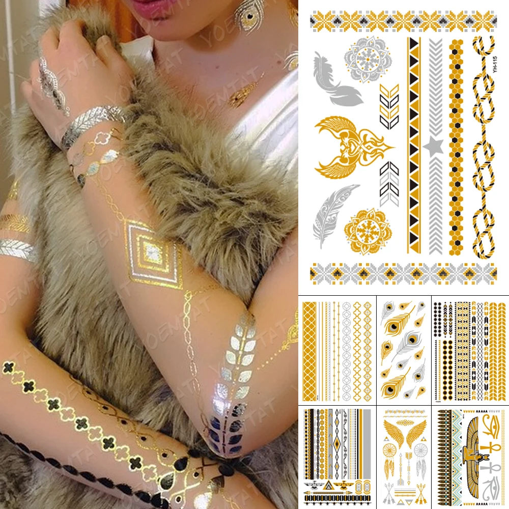 Waterproof Temporary Tattoo Sticker Totem Wings Bracelet Gold Silver Metallic Flash Tatoo Boho Henna Jewelry Glitter Body Art
Waterproof Temporary Tattoo Sticker Totem Wings Bracelet Gold Silver Metallic Flash Tatoo Boho Henna Jewelry Glitter Body Art