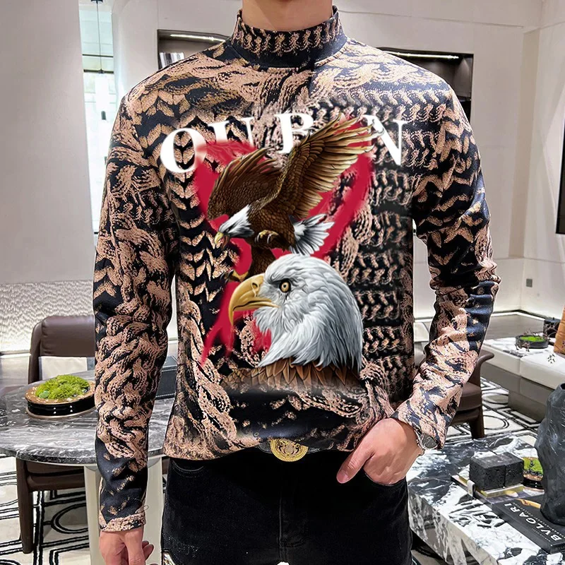 

Мужская Флисовая футболка с коротким воротником, повседневный свитшот с длинным рукавом и 3D-принтом орла, деловой пуловер для осени и зимы, 2023