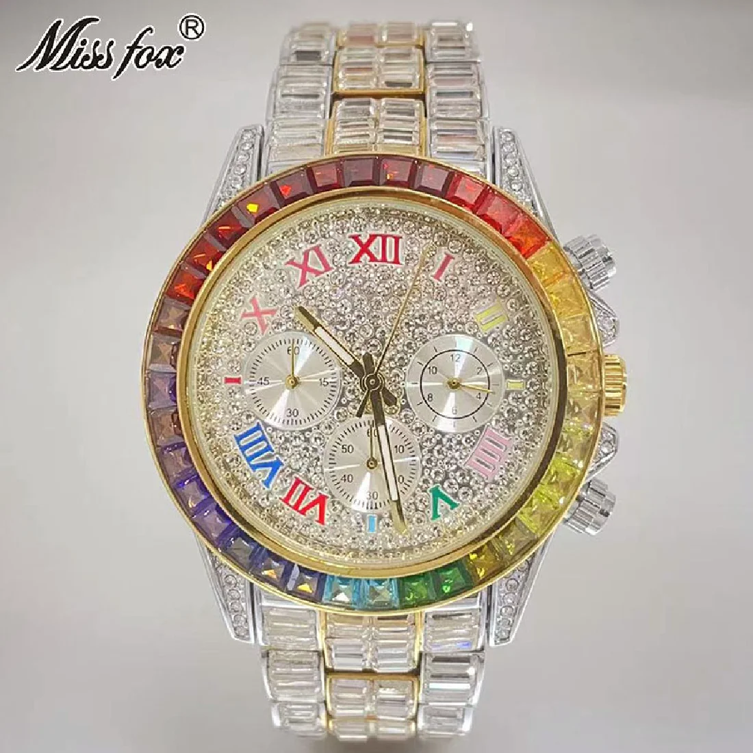 MISSFOX Gold Watches Luxury Men Hip Hop Brand Waterproof Quartz Clocks Rainbow Diamond Fashion Iced Wristwatch Man Free Shipping
MISSFOX Gold Watches Luxury Men Hip Hop Brand Waterproof Quartz Clocks Rainbow Diamond Fashion Iced Wristwatch Man Free Shipping