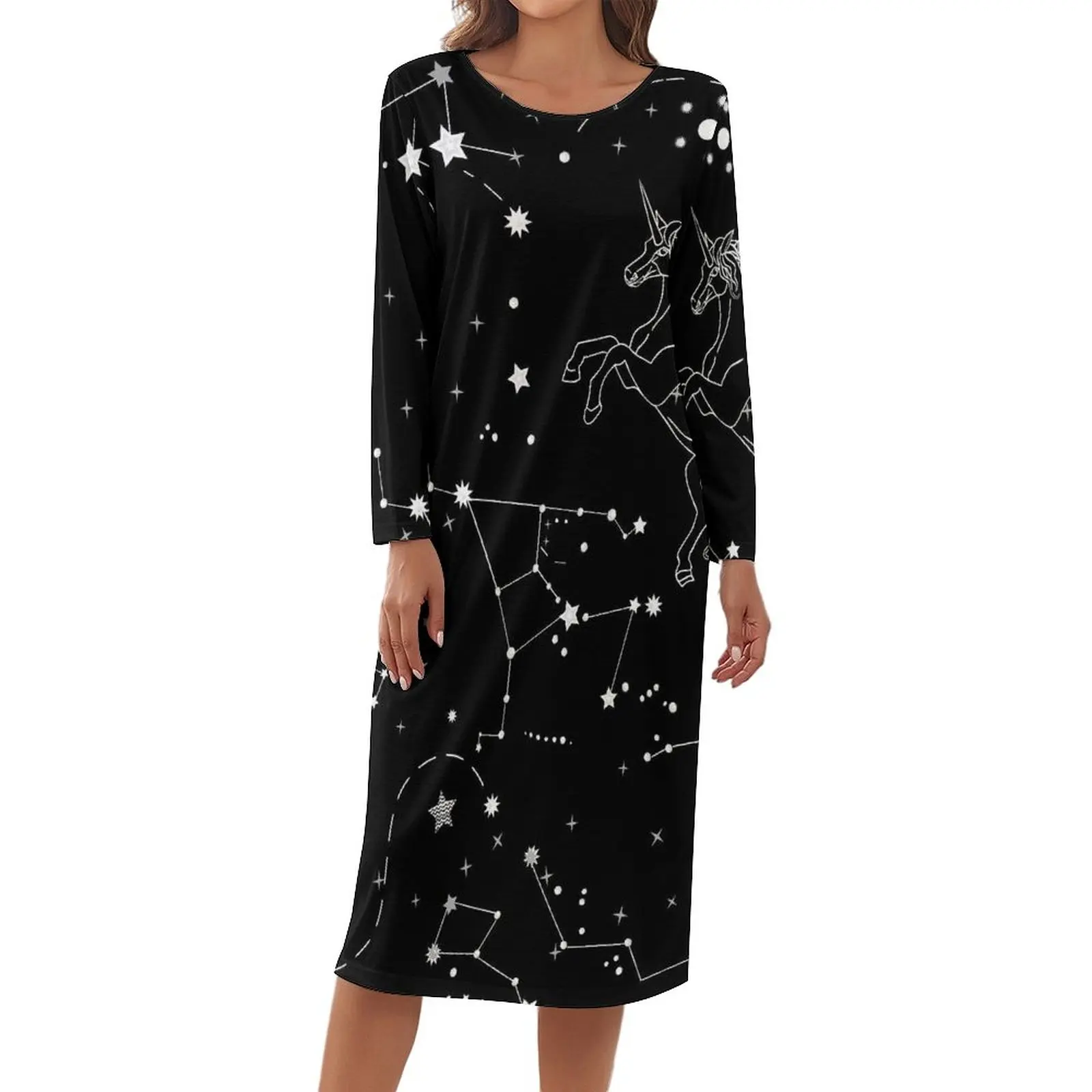 

Unicorn Pajamas Women Stars Print Constellation Night Dresses Autumn Long-Sleeve Kawaii Nightgown Crewneck Pattern Home Suit
