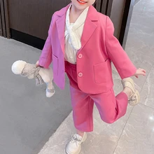 Spring Autumn Girls 2 Pcs Set Toddler Blazer   Pants Kids Suit Set Baby Outfit Children Clothes Rose Pink Suit Pocket 2-7Y