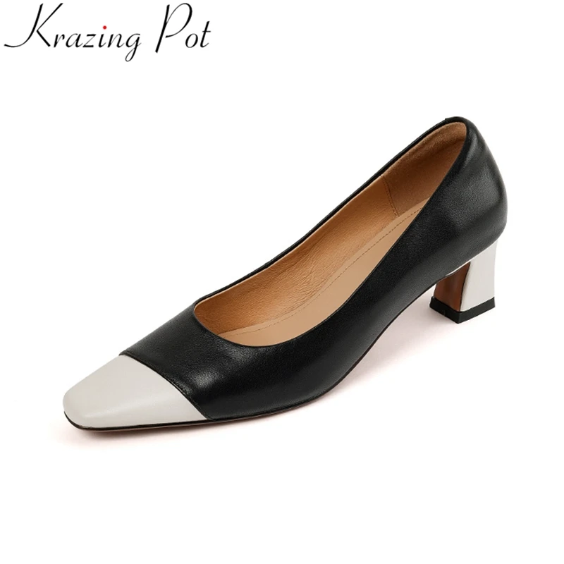 

Krazing Pot 2023 Fashion Cow Leather Thick Heels Slip On Mixed Colors Summer Spring Shoes Shallow Mature Office Lady Women Pumps
