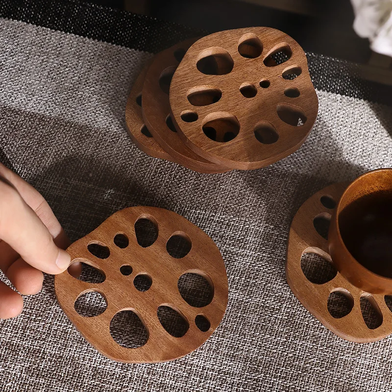 

6pcs/set Lotus Root Shape Tea Coffee Cup Pad Placemats Decor Wood Coasters Durable Heat Resistant Round Drink Mat Bowl Teapot