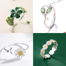 New Fashion Silver Color Green Flower Leaf Rose Daisy Enamel Open Finger Rings For Women Girl Jewelry Gift Dropship Wholesale