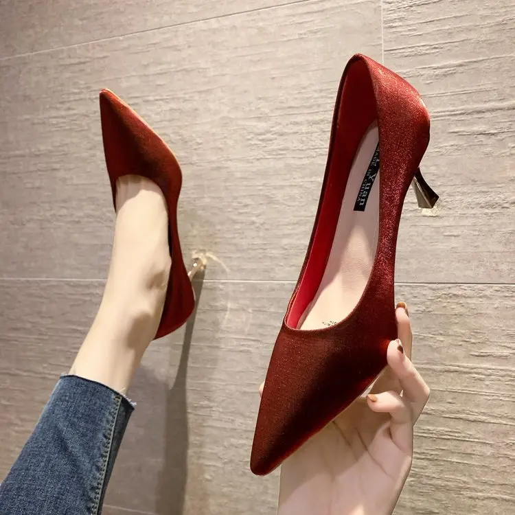 

African Woman Shoe Branded Pumps Slip On 2022 High Heels Pointed Toe Lace-Up Work Dress Professional Shallow Mouth Burgundy Fash