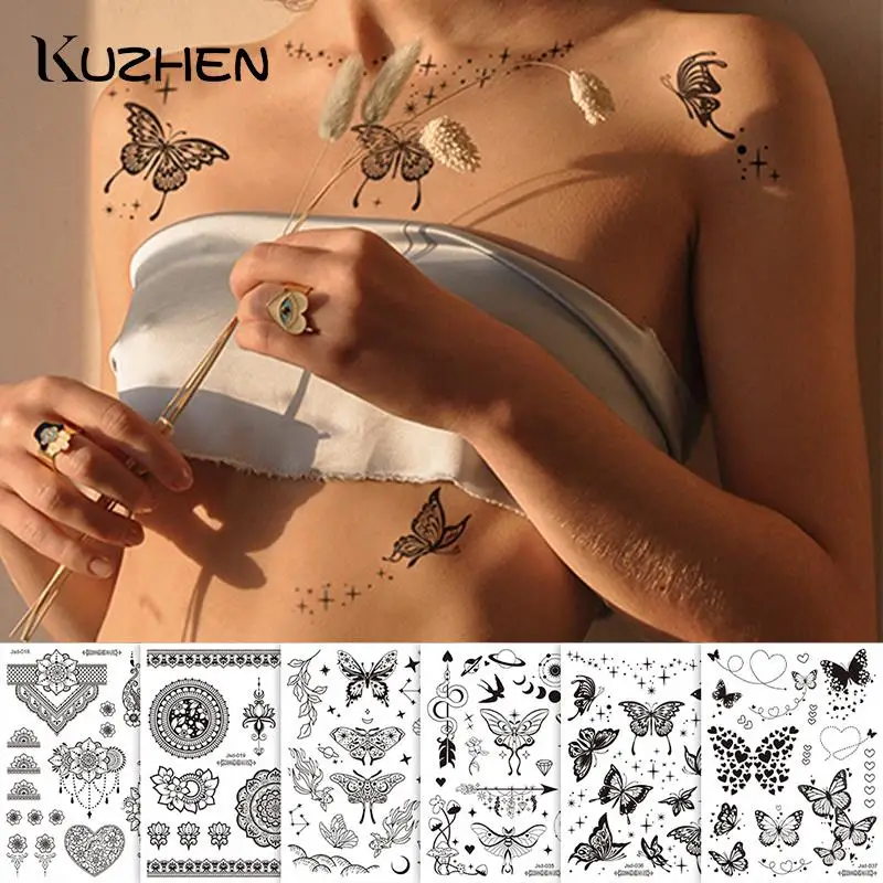 

Водостойкие временные тату-наклейки, черная бабочка, роза, переводная мигающая татуировка для женщин, сексуальная шея, рука, грудь, боди-арт, искусственные татуировки