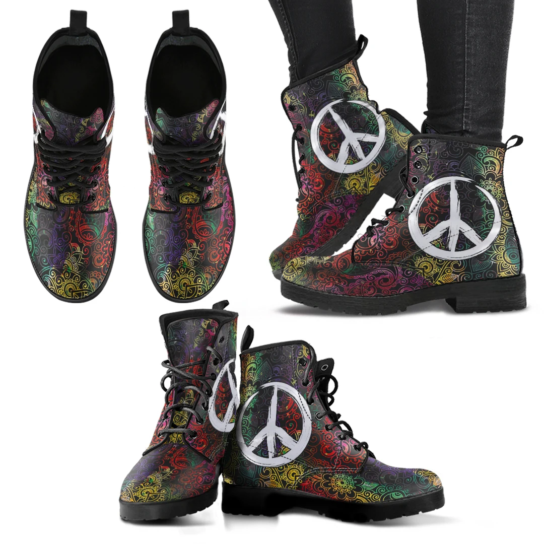 

ELVISWORDS Classic Bohemian Peace Sign Printing Low Heels Leather Boots Women's Hippie Ankle Boots Custom Boots Zapatos Mujer