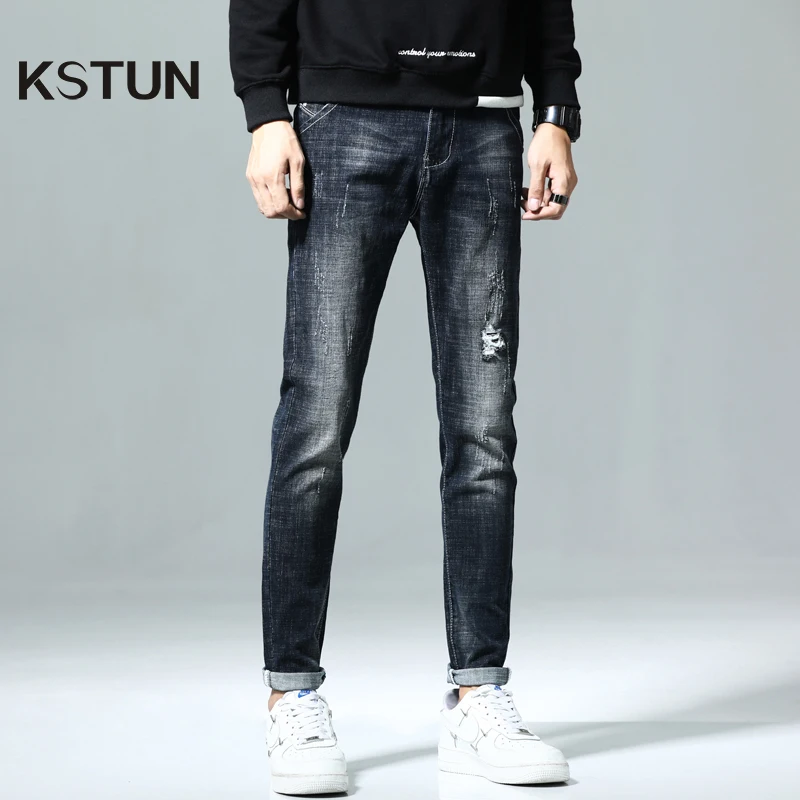 

KSTUN Ripped Jeans Men Dark Blue Stretch Slim Fit Distressed Streetwear Denim Pants Casual Retro Biker Jeans Man Trousers Hiphop