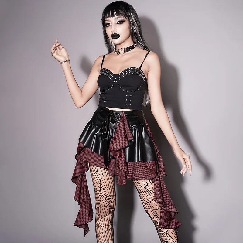 Sexy Skirt Harajuku Retro Punk Nightclub Dark Contrast Color Personality Pu Stitching Plaid Asymmetric Gothic Skirt
Sexy Skirt Harajuku Retro Punk Nightclub Dark Contrast Color Personality Pu Stitching Plaid Asymmetric Gothic Skirt
