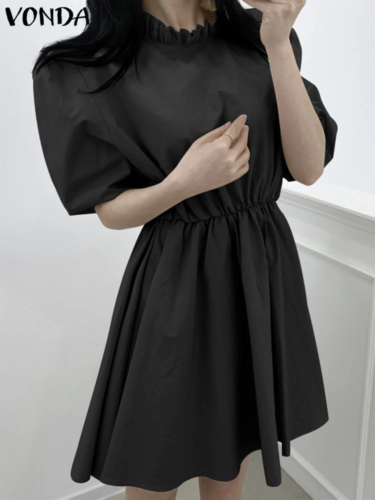 

Женское мини-платье VONDA 2022, винтажное короткое плиссированное платье с рукавом до локтя, Повседневная Праздничная однотонная туника, больши...