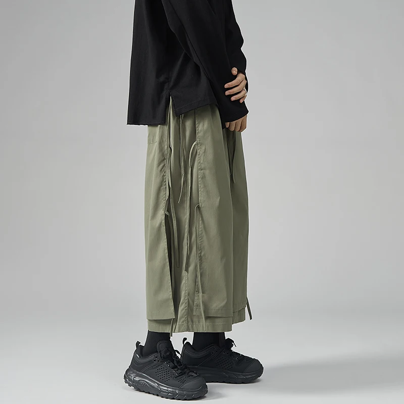 

Men's Linen Cropped Trousers Japanese and Korean Kimono Vintage Loose Joggers Trousers Haori Side rope design Training Pants