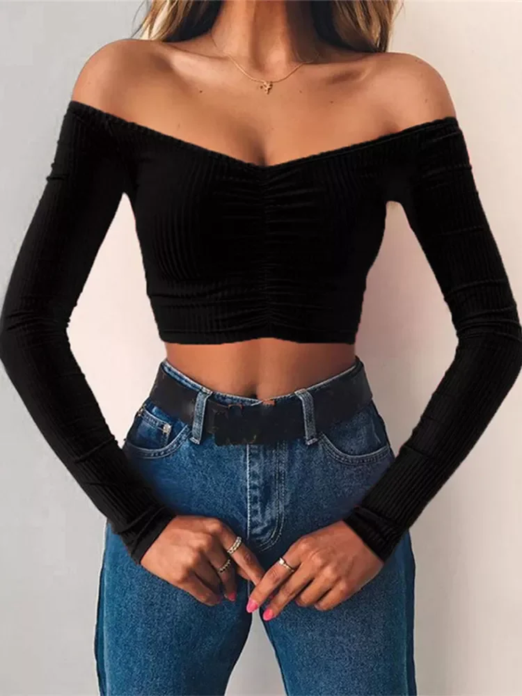 women T-shirts sexy and club fashion female T-shirt long sleeve off shoulder solid color lady Tshirt autumn basic tees
women T-shirts sexy and club fashion female T-shirt long sleeve off shoulder solid color lady Tshirt autumn basic tees
