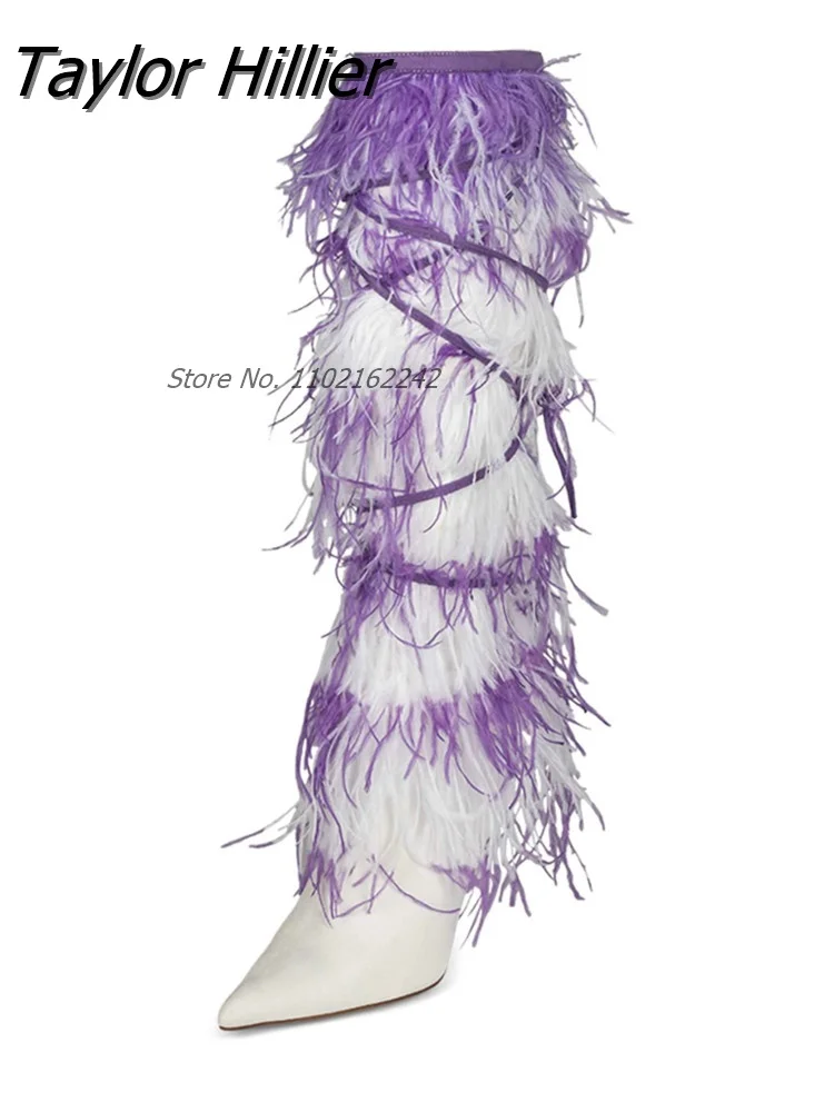 Winter Designer Women'S Catwalk Feather Boots Sexy Purple Fringe Feather Heels Pointed Toe Knee-High With Feather Fringe Boots
Winter Designer Women'S Catwalk Feather Boots Sexy Purple Fringe Feather Heels Pointed Toe Knee-High With Feather Fringe Boots