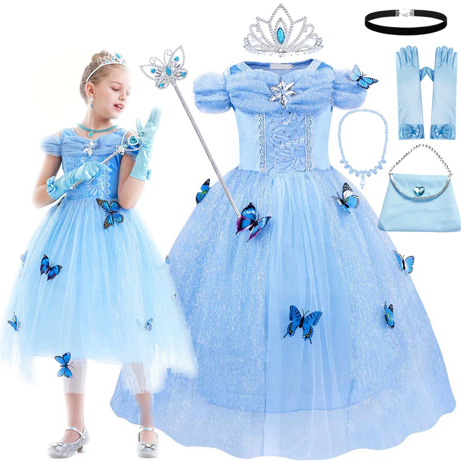 Girls Cinderella Dress With Butterfly Applique Shoulderless Sequins Princess Gown Halloween Carnival Anime Role Play Costumes 
Girls Cinderella Dress With Butterfly Applique Shoulderless Sequins Princess Gown Halloween Carnival Anime Role Play Costumes