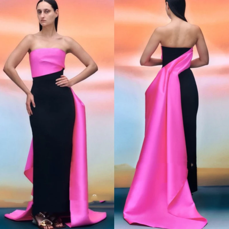 Chic Long Straight Satin Evening Dresses Strapless Celebrity Party Gowns Simple Pink And Black Women Long Formal Occasion Wear
Chic Long Straight Satin Evening Dresses Strapless Celebrity Party Gowns Simple Pink And Black Women Long Formal Occasion Wear