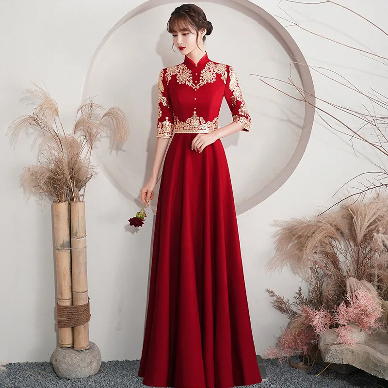 Chinese Retro Summer Wine-Red Long Cheongsam Wedding/Engagement Dress(With Embroidery) Stand Up Collar-Middle Sleeves
Chinese Retro Summer Wine-Red Long Cheongsam Wedding/Engagement Dress(With Embroidery) Stand Up Collar-Middle Sleeves