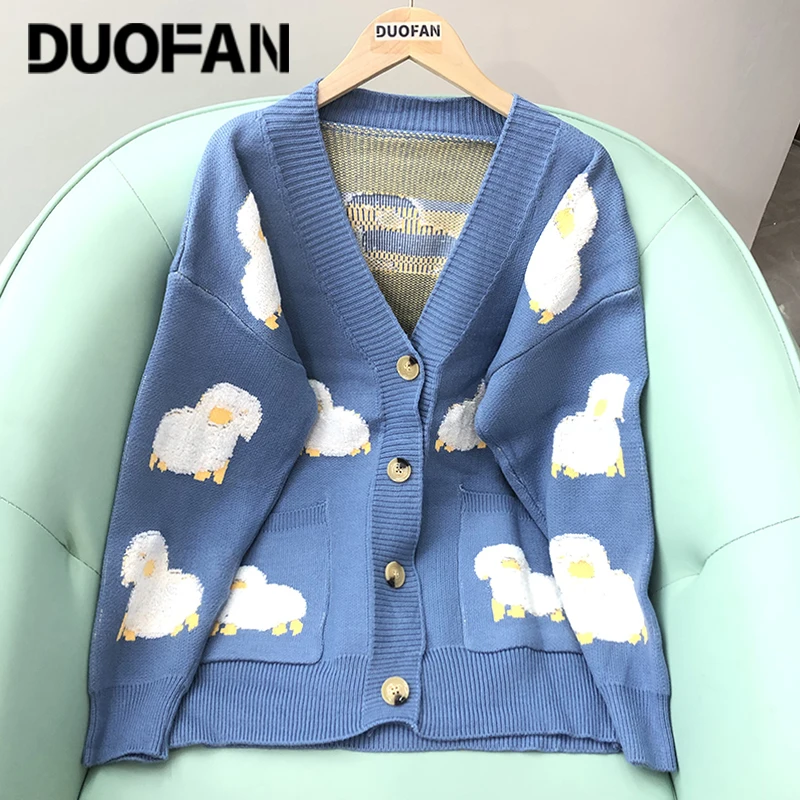 

DUOFAN 2022 Women Sweater Cardigans Knitcoat V Neck Sheep Sweaters Warm Knitwear Korean Fashion Tops Sueter Mujer Long Jacket