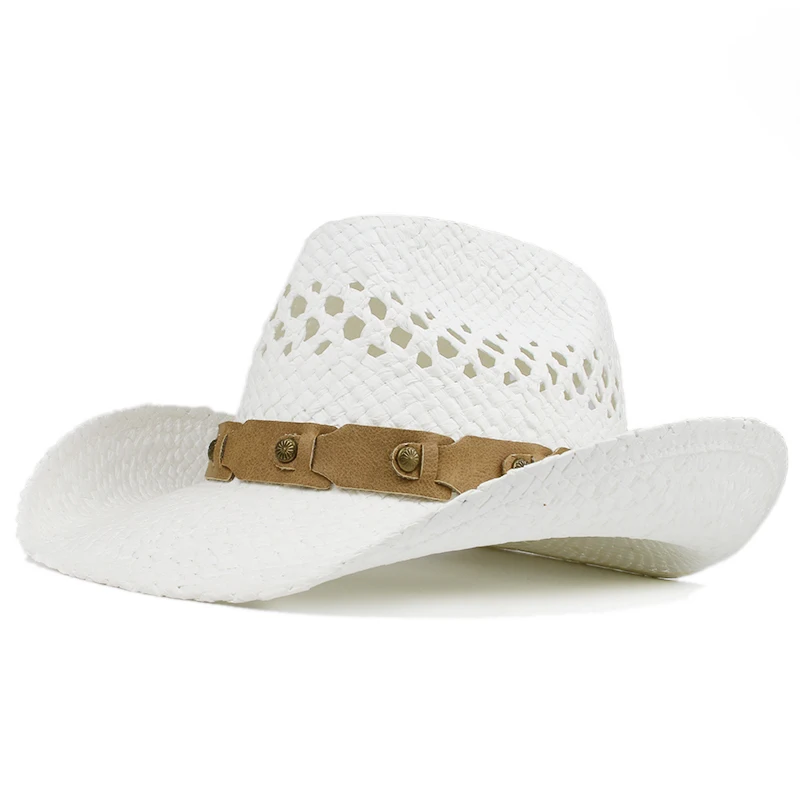 

Vintage Retro Khaki Leather Band Belt Hollowed Out Women Men Straw Wide Brim Beach Cowboy Cowgirl Western Sun Hat