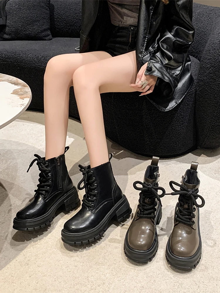 

Женские ботинки, Осенняя обувь с круглым носком, женские ботинки на молнии, на высоком каблуке, в стиле рок, женские черные резиновые ботильоны 2023 в стиле "Лолита" на шнуровке из искусственной кожи для верховой езды