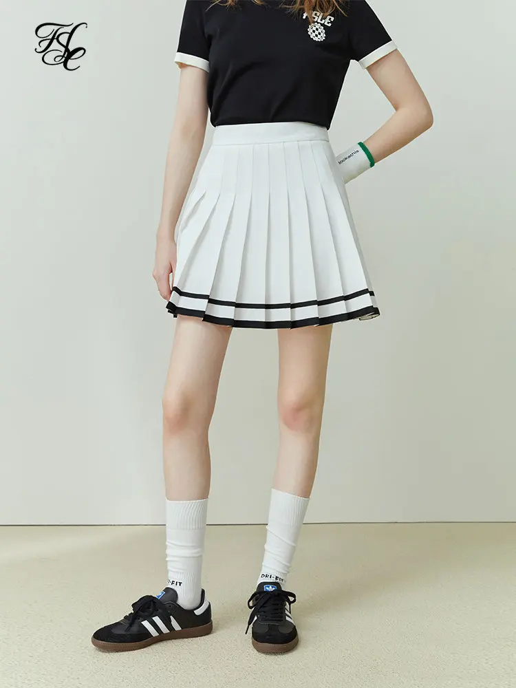 

FSLE Sport Style Mini Pleated Women Skirts Office Lady High Waist White Skirt Stripe Decoration Twill Above-Knee Female Skirt