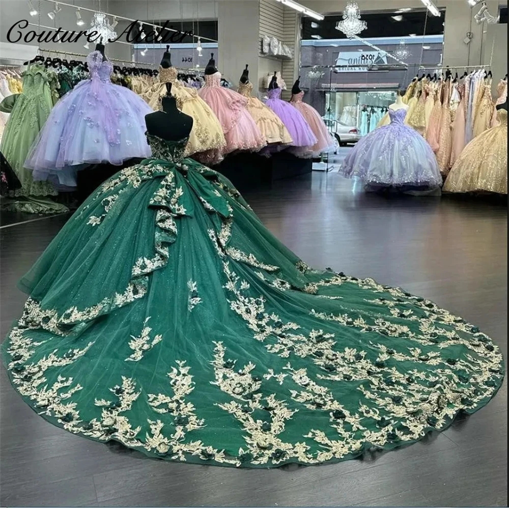 

Изумрудно-зеленое платье с бантом, искусственное Золотое кружевное бальное платье с аппликацией, платье для Quinceanera 2023, милое платье принцессы, милое платье 16, платья
