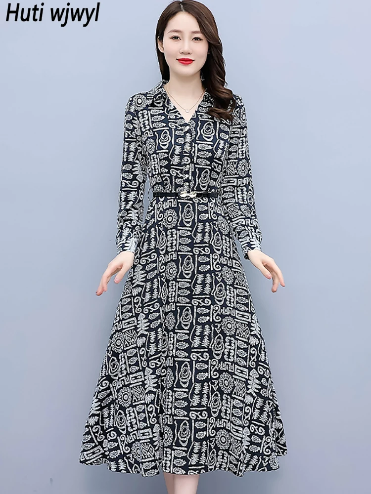 

2023 Black Print Acetate Satin Midi Dress Women Vintage Chic Prom Maxi Dress Spring Autumn Elegant Bodycon Party Night Vestidos