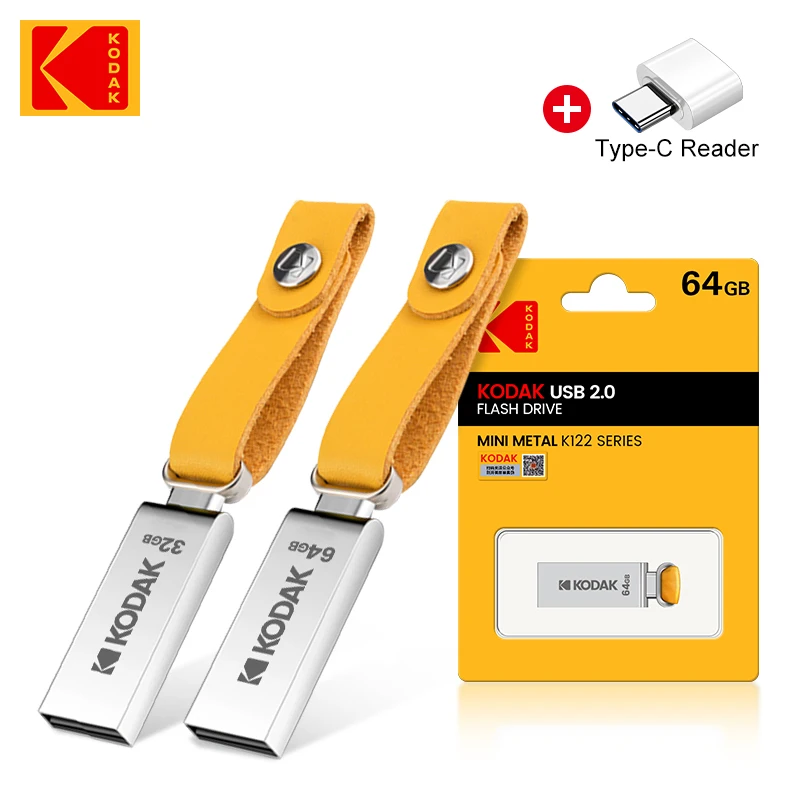 

10pcs Original KODAK USB 2.0 Flash Drives 128GB 64GB 32GB Pendrive Waterproof Memory Stick Leather Landyard U Disk TYPE-C Adaper
