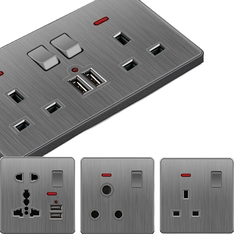 

Fashion Grey Brushed PC UK Wall Sockets Single Double USB Outlets with Switch Universal Outlets with 2.1A USB