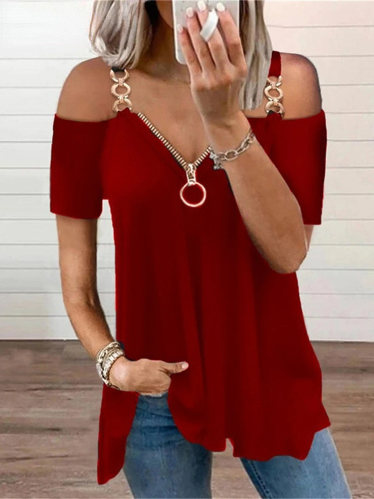 Zipper v Neck Off Shoulder Short Sleeve Women's Sexy Summer Casual t Shirt Fashion Loose Pullover Sling Tops
Zipper v Neck Off Shoulder Short Sleeve Women's Sexy Summer Casual t Shirt Fashion Loose Pullover Sling Tops