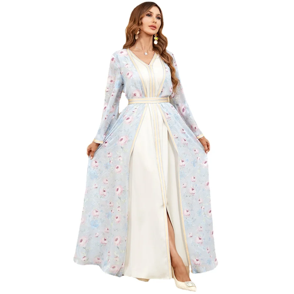 Two Piece Long Sleeve Dress Luxury Light Blue Chiffon Flower Robe Belt V Neck Long White Kaftan Satin
Two Piece Long Sleeve Dress Luxury Light Blue Chiffon Flower Robe Belt V Neck Long White Kaftan Satin