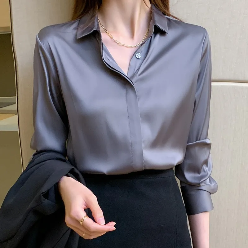 

2023 Элегантная Женская приталенная рубашка с длинным рукавом и отложным воротником на шелковых пуговицах, Женская Повседневная офисная рубашка для женщин