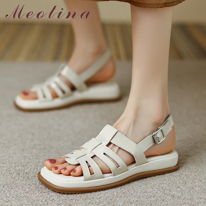 

Meotina Genuine Leather Women Gladiator Shoes Causal Flat Platform Sandals Buckle Square Toe Ladies Footwear Summer Beige 40