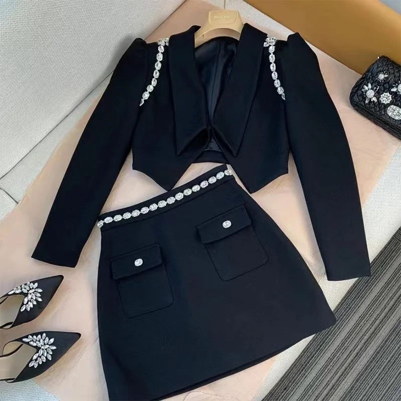 Heavy Diamond Irregular Black Blazer Jacket Vintage Autumn 2022 Above Knee Mini Suits Skirts Sets Cropped Coat
Heavy Diamond Irregular Black Blazer Jacket Vintage Autumn 2022 Above Knee Mini Suits Skirts Sets Cropped Coat